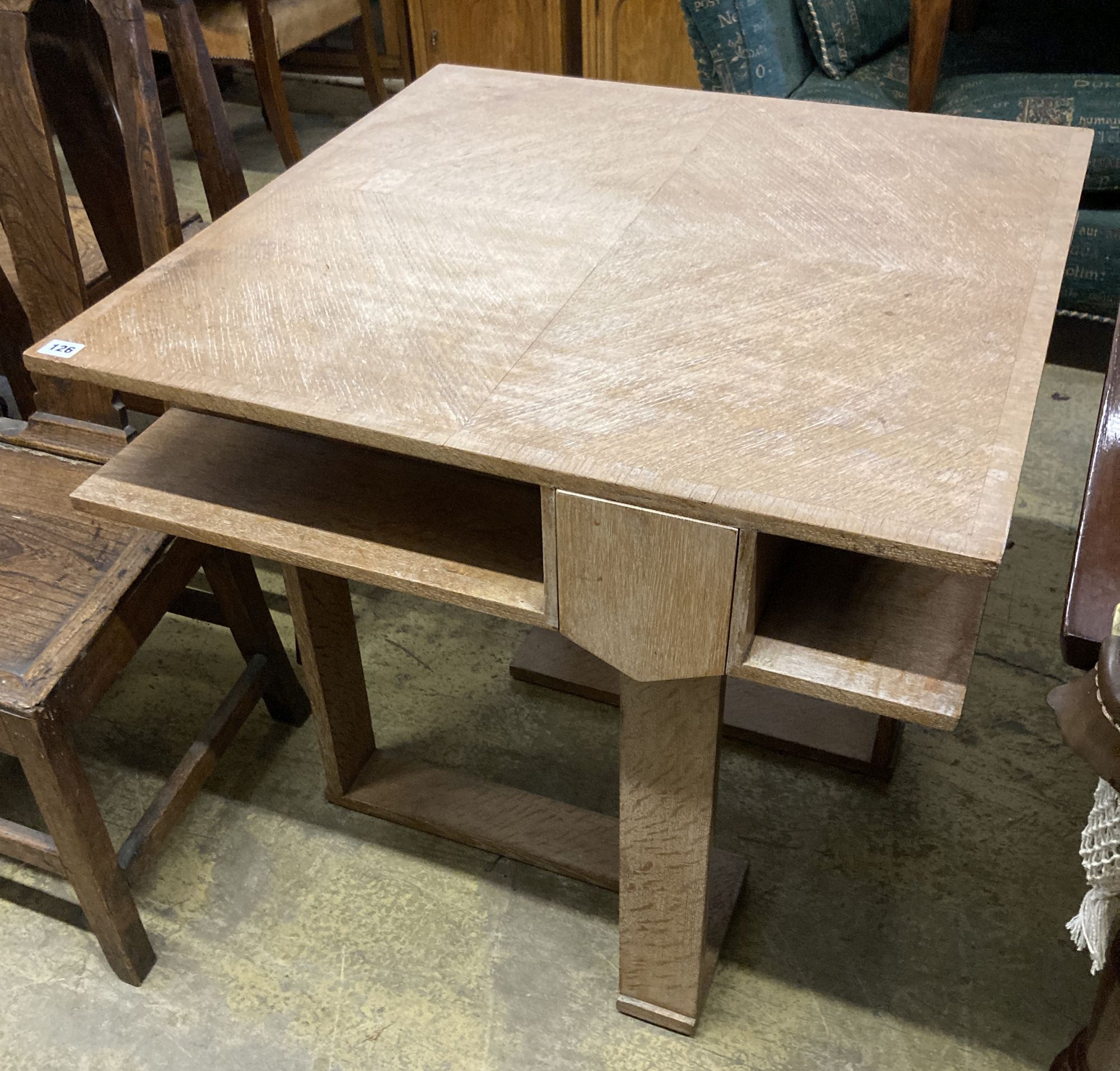 A cross banded square games table by Rowley, London, 76cm, height 75cm